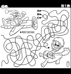 Maze With Santa Claus In A Plane And Boy Coloring