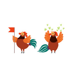 Rooster Or Cock Character Holding Flag On Pole