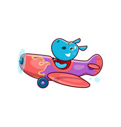 Cartoon Hippo Character On Plane Animal Kid Pilot