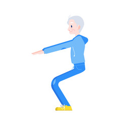 Flat Elderly Man In Sportsuit Squat