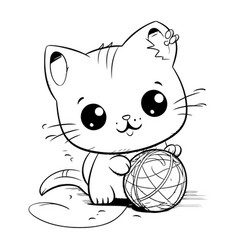 Cute Cartoon Cat With Ball Of Yarn Hand Drawn