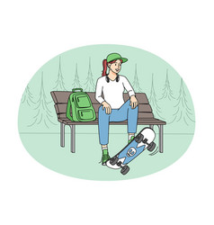 Teen Girl With Skateboard Sitting On Bench