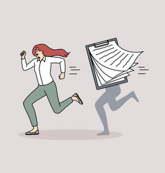 Stressed Woman Worker Run From Paperwork