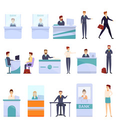 Bank Teller Icons Set Cartoon Style