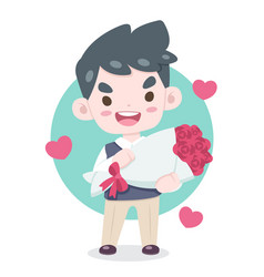 An In Love Blushing Guy Holding Roses Bouquet