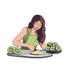 One Woman Smiling Eating Kiwi Fruits