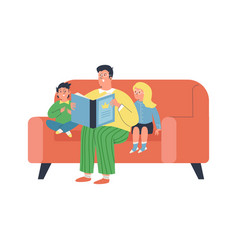 Father Reading A Book To His Children Flat Cartoon