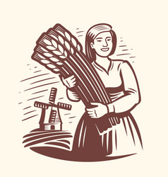 Girl Or Young Woman Farmer Wheat Field Mill