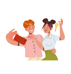 Happy Man And Woman Character Taking Selfie