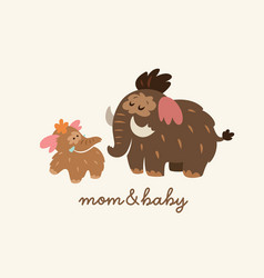 Happy Mother Mammoth With Her Baby Cartoon