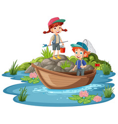 Two Kids Fishing Together In A Small Boat