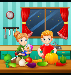 Little Family In Kitchen With Vegetables