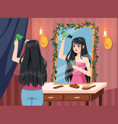 Girl Dries Long Dark Hair In Mirror