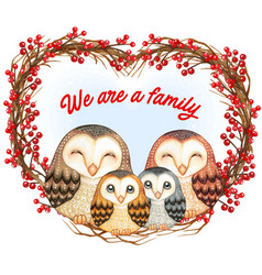 Watercolor Cute Barn Owls Family On A Heart Wreath