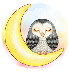 Cute Watercolor Barn Owl Sleeping On Moon