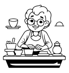 Elderly Woman In Apron Sitting At Table