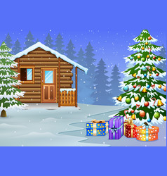 View Of Snowy Wooden House And Christmas Tree Deco