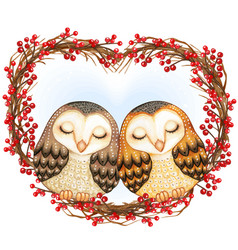 Watercolor Lovely Barn Owls Sleeping On A Heart