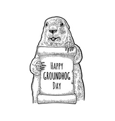 Groundhog Holding Poster Engraving Vintage Black