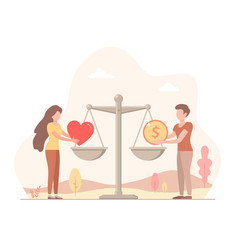 Man And Woman Put Heart And Money On Scales