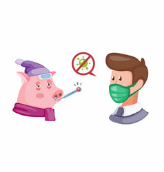 Sick Pig With Man Wear Face Mask Cartoon