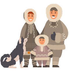 Eskimo Family Standing With Fluffy Sledge Dog