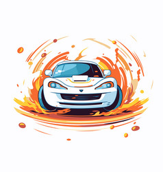 Sport Car On Fire Background In A Flat Style