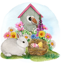 Watercolor Easter With Bunny Nest Sparrow