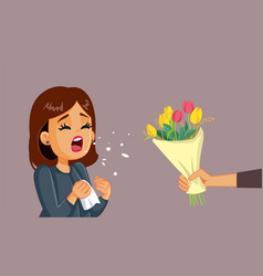 Allergic Woman Sneezing Receiving Flowers