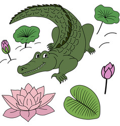 Cartoon Alligator Lily Flowers Leaves Colorful