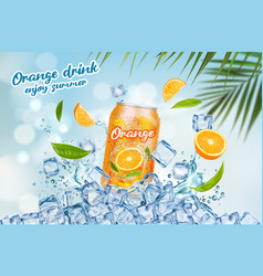 Ice Orange Drink Can Citrus Fruit And Tea Leaves