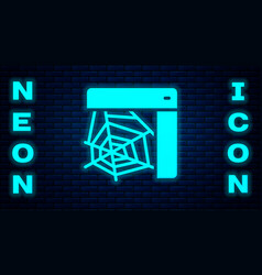 Glowing Neon Spider Web Icon Isolated On Brick