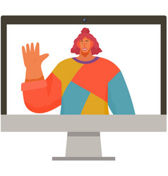 Happy Woman Waving Hand On Monitor Screen Female