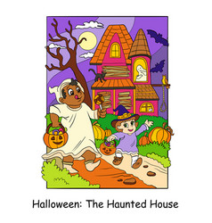 Halloween Children Walk Past A Haunted House