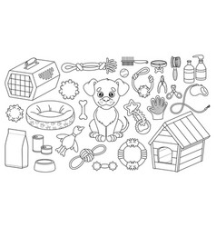 Set Outline Of Cartoon Dog And Goods For Pet Shop