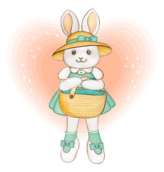 Cute Watercolor Spring Bunny With Picnic Basket