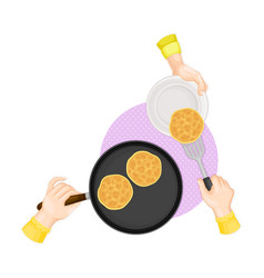 Hands Serving Fried Pancake On Plate Above View