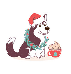 Husky Dog In A Christmas Costume With Cappuccino