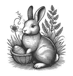 Easter Rabbit With Eggs Flowers Engraving