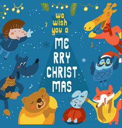 Merry Christmas Lettering Cute Animals Sing Songs