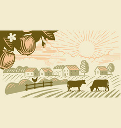 Apple Tree And Village Cows In Farm Field