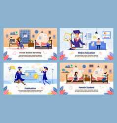 Modern Students Happy Life Flat Banners Set