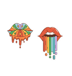 Cartoon Retro Hippie Groovy Woman Lips And Rainbow