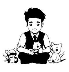 A Man Sitting On The Floor With His Pets