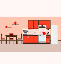 Beautiful Red Kitchen With Household Appliances