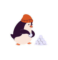 Happy Penguin In Hat Makes Snowballs North Bird