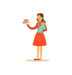 Super Mom Character With Child Holding Cake