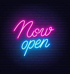 Now Open Neon Sign On Brick Wall Background