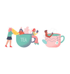 Tea Time Break With Man And Woman Character In Cup