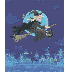 Halloween Witch Flying Over A Town